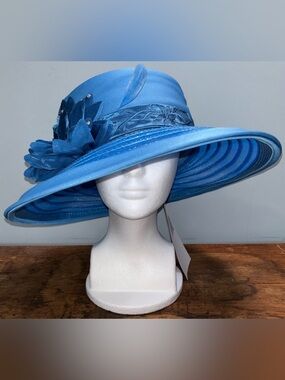 ML Studio Women’s Hat Blue Wide-Brim Floral Rhinestone Accent Derby Church